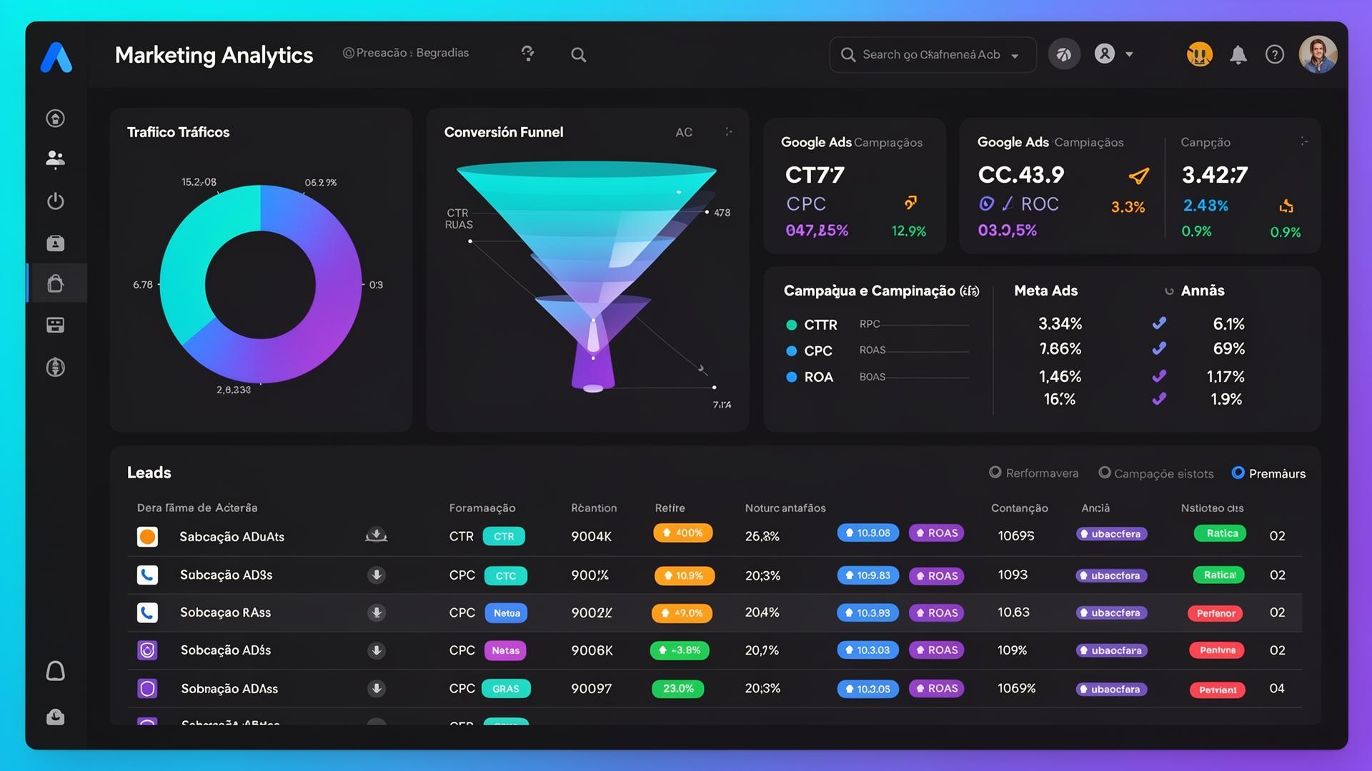 Demonstração de Google, Meta e TikTok no mesmo painel